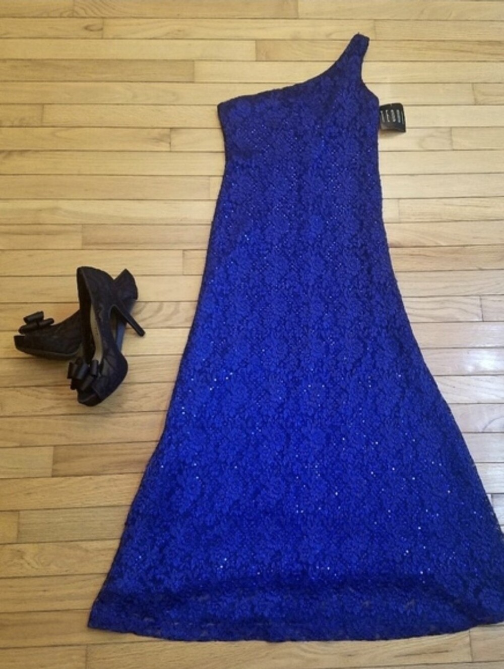 Vintage 90s Teddi Evening Royal Blue Sequin Lace Midi Dress Sz 6